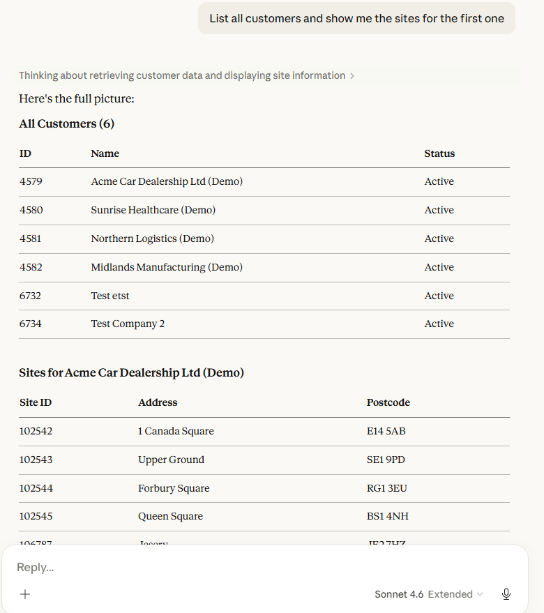 AI connector query showing customer list and site details in field service management software